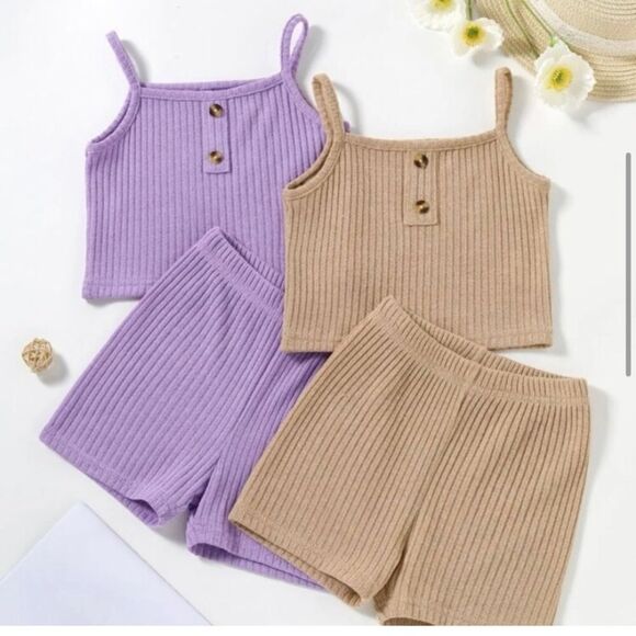 2 Amazon Girls size 7/8 cami and shorts purple or tan sets NWOT - Picture 1 of 2